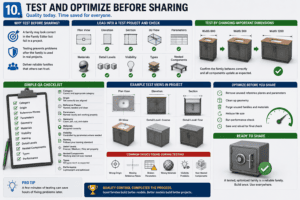 3D Revit family quality control infographic showing testing in plan, elevation, section, and 3D views, parameter changes, QA checklist, visibility, materials, detail levels, nested components, optimization, and final approval before sharing.