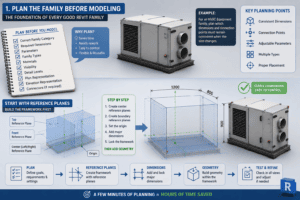 3D Revit family planning infographic showing reference planes, dimensions, parameters, HVAC equipment, and a step-by-step workflow for creating faster, flexible Revit families.