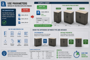 3D Revit parameter infographic showing how one flexible cabinet family uses type and instance parameters to create 24, 30, and 36-inch sizes instead of duplicate families.