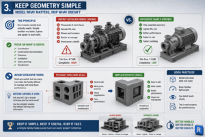 3D Revit family modeling infographic comparing complex and optimized geometry, showing how simple geometry and fewer voids improve BIM performance and modeling speed.