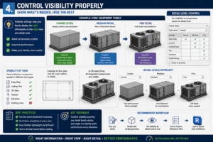 3D Revit visibility control infographic showing Coarse, Medium, and Fine detail levels for an HVAC equipment family, with view-based visibility settings and BIM workflow best practices.