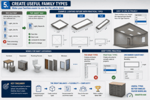3D Revit family types infographic showing practical 2x2, 2x4, and 1x4 lighting fixture types, project selection, and how parameters provide flexibility without creating excessive family types.