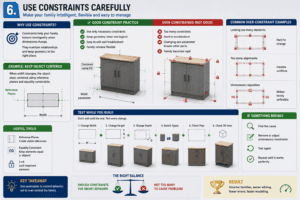 3D Revit constraints infographic showing reference planes, equality constraints, centered geometry, over-constraint warnings, and step-by-step family testing for faster modeling.