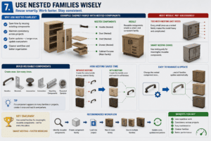 3D Revit nested families infographic showing a cabinet with reusable nested components such as doors, handles, shelves, drawers, brackets, connectors, and mounting parts, with smart nesting workflow and benefits.