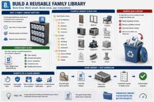 3D Revit family library infographic showing an organized folder structure for Architecture, MEP, and General families, with doors, windows, furniture, HVAC, plumbing, electrical, equipment, and a clean-up workflow for removing duplicate and outdated content.