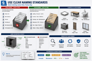 3D Revit naming standards infographic showing poor versus clear family names, descriptive examples for lighting, furniture, plumbing, mechanical, doors, and windows, plus organized parameter naming.