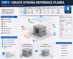 3D Revit tutorial infographic showing how to create strong reference planes, including center, top, bottom, mounting, width, and height control planes for building a flexible Revit family framework.