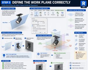 3D Revit tutorial infographic showing how to define a work plane correctly using reference planes, reference levels, and mounting surfaces for accurate family placement and alignment.