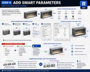 3D Revit tutorial infographic showing how to add smart parameters, including width, height, depth, material, visibility, and the difference between type and instance parameters for flexible BIM families.