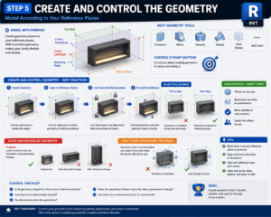3D Revit tutorial infographic explaining how to create and control family geometry using extrusions, blends, revolves, sweeps, void forms, reference planes, alignment tools, and smart constraints.