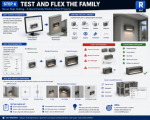 3D Revit tutorial infographic showing how to test and flex a work plane-based family by checking placement, orientation, rotation, alignment, parameters, visibility, connectors, and real project conditions
