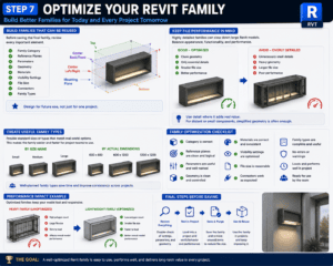 3D Revit tutorial infographic explaining how to optimize a Revit family by reviewing parameters, geometry, materials, visibility, file size, connectors, and family types for better performance and reuse.
