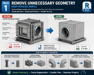 3D illustration showing Trick 1: Remove Unnecessary Geometry by simplifying Revit families to reduce file size and improve project performance.