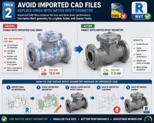 3D infographic showing how replacing imported DWG files with native Revit geometry reduces Revit family file size and improves BIM performance.