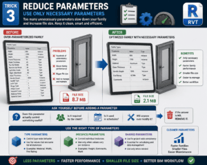 3D infographic showing how reducing unnecessary Revit family parameters improves performance, decreases file size, and simplifies BIM workflows.