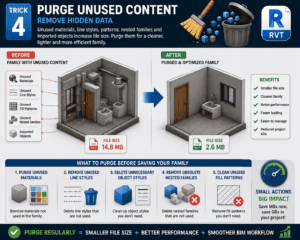 3D infographic showing how purging unused content from Revit families reduces file size, improves performance, and creates cleaner BIM models.