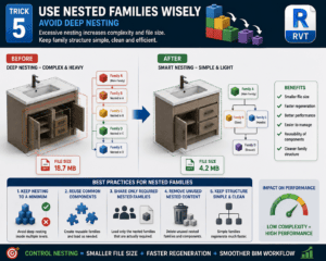 3D infographic showing how using nested Revit families wisely reduces file size, improves performance, and creates efficient BIM models.