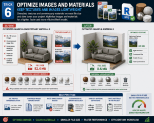 3D infographic showing how optimizing images and materials in Revit families reduces file size, improves performance, and creates efficient BIM models.