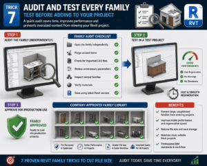 3D infographic showing how auditing and testing every Revit family before adding it to a project improves performance, reduces file size, and ensures efficient BIM workflows.