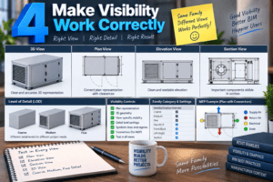 3D Revit illustration showing visibility controls across plan, elevation, section, and 3D views