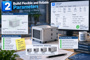 3D illustration showing flexible Revit family parameters, reference planes, and formulas