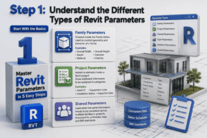 3D infographic for Step 1, “Understand the Different Types of Revit Parameters,” explaining Family, Project, Shared, Type, Instance, and Global Parameters with illustrated panels, a modern Revit-style building model, parameter tables, BIM data icons, and the message “Master Revit Parameters in 5 Easy Steps.”