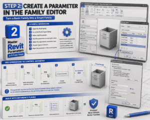 3D instructional infographic for Step 2, “Create a Parameter in the Family Editor,” showing a Revit family workflow, Family Types and Parameter Properties dialogs, and a step-by-step diagram demonstrating how reference planes and dimensions are connected to an “Overall Width” parameter to create stronger, more flexible Revit families.