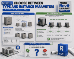 3D infographic for Step 3, “Choose Between Type and Instance Parameters,” comparing Type Parameters and Instance Parameters in Revit. It shows family types with shared values on one side and multiple equipment instances with unique values on the other, ending with a decision guide: use a Type parameter when the value should be the same for every element of a type, and an Instance parameter when each element needs its own value.