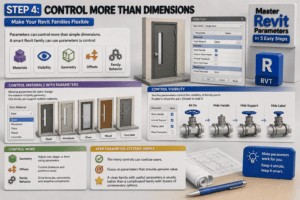 3D infographic for Step 4, “Control More Than Dimensions,” showing how Revit parameters can control materials, visibility, geometry, offsets, and family behavior. The image includes material options for a door family, Yes/No visibility controls for model components, a Revit Family Types dialog, and guidance to keep parameter systems simple and useful.