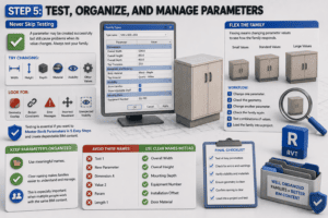 3D infographic for Step 5, “Test, Organize, and Manage Parameters,” showing a Revit family testing workflow with parameter changes for width, height, depth, materials, and visibility. It illustrates flexing a family through small, standard, and large values, checking for geometry errors and broken constraints, using clear parameter names, and completing a final checklist before loading the family into a project.