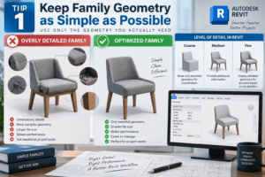 3D infographic showing Tip 1 for Revit family optimization, comparing an overly detailed chair family with a simplified optimized family and demonstrating Coarse, Medium, and Fine detail levels.