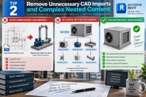 3D infographic showing Tip 2 for Revit family optimization, comparing unnecessary CAD imports and complex nested families with clean, simplified Revit content for better performance.