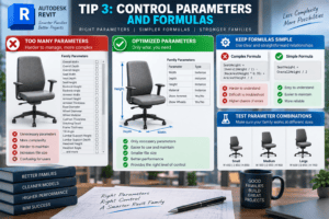 3D infographic showing Tip 3 for Revit family optimization, with optimized parameters, simple formulas, and different chair sizes demonstrating better control and easier family management.