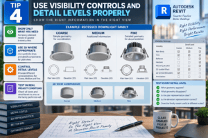 3D infographic showing Tip 4 for Revit family optimization, demonstrating visibility controls, Coarse, Medium, and Fine detail levels, and the use of 2D and 3D representations for better BIM performance.