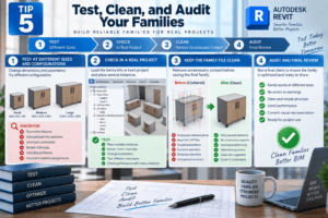 3D infographic showing Tip 5 for Revit family optimization, demonstrating family testing at different sizes, real-project testing, cleaning unnecessary content, and final auditing for reliable BIM performance.