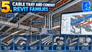 5 Powerful Electrical Revit Families (part1): Cable tray and conduit Revit families featuring tray fittings, supports, conduit pipes, hangers, brackets, and junction boxes for commercial BIM projects.