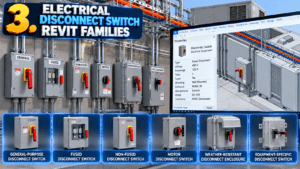 3. Electrical Disconnect Switch Revit Families
Understanding Electrical Disconnect Switches
Disconnect switches are used to isolate electrical equipment from its power source when required by the system design. They are commonly associated with equipment that needs a dedicated means of disconnection.
Examples include disconnects for HVAC equipment, commercial appliances, motors, and other electrical installations.
When continuing 5 Powerful Electrical Revit Families (part2), disconnect switch families are worth considering for projects that require detailed equipment coordination.
Common categories include:
General-purpose disconnect switches
Fused disconnect switches
Non-fused disconnect switches
Motor disconnects
Weather-resistant disconnect enclosures
Equipment-specific disconnects
The correct type and rating must be determined from the project design and applicable electrical requirements. Use 5 Powerful Electrical Revit Families (part2) as a reminder to verify specifications rather than relying on appearance alone.
How to Model Disconnect Switches
A disconnect switch family can include equipment dimensions, mounting information, identification parameters, and manufacturer details.
Place the component in accordance with the electrical drawings and coordinate it with the equipment it serves. Check the surrounding walls, access clearances, conduit routes, and service requirements.
For example, a commercial rooftop HVAC unit may require a disconnect location coordinated with the unit's installation and electrical connection details.
A visually accurate family does not automatically verify electrical ratings, protection requirements, or code compliance. Those details must be checked against the approved design. This principle also applies throughout 5 Powerful Electrical Revit Families (part2).
Pro tip: Use manufacturer-specific content when accurate equipment dimensions and clearances are important to the project.