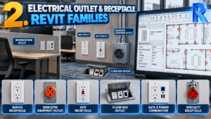 Electrical Outlet and Receptacle Revit Families featuring duplex receptacles, dedicated equipment outlets, GFCI outlets, floor box outlets, data and power combinations, and specialty receptacles for commercial BIM projects.