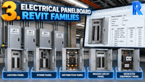 Electrical Panelboard Revit Families featuring lighting panels, power panels, distribution panels, branch circuit panels, and dedicated equipment panels for commercial BIM projects.