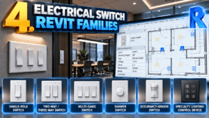 Electrical Switch Revit Families featuring single-pole switches, two-way and three-way switches, multi-gang switches, dimmer switches, occupancy-sensor switches, and specialty lighting control devices for commercial BIM projects.