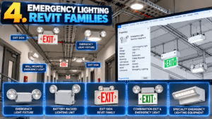 Emergency Lighting Revit Families featuring emergency light fixtures, battery-backed lighting units, exit signs, combination exit and emergency lights, and specialty emergency lighting equipment for commercial BIM projects.