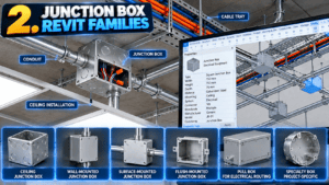 Junction Box Revit Families featuring ceiling, wall-mounted, surface-mounted, flush-mounted, pull boxes, and specialty electrical boxes for commercial BIM projects.