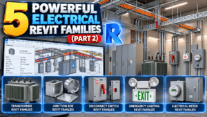 5 Powerful Electrical Revit Families (Part 2) featuring transformer, junction box, disconnect switch, emergency lighting, and electrical meter families for commercial BIM projects.