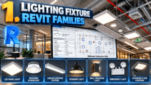 Lighting Fixture Revit Families showing LED panel lights, recessed downlights, linear lights, pendant lights, wall-mounted lights, emergency lights, and exterior lighting for commercial projects.
