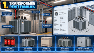 Transformer Revit Families featuring dry-type, distribution, isolation, step-down, and project-specific transformers for commercial electrical BIM projects.