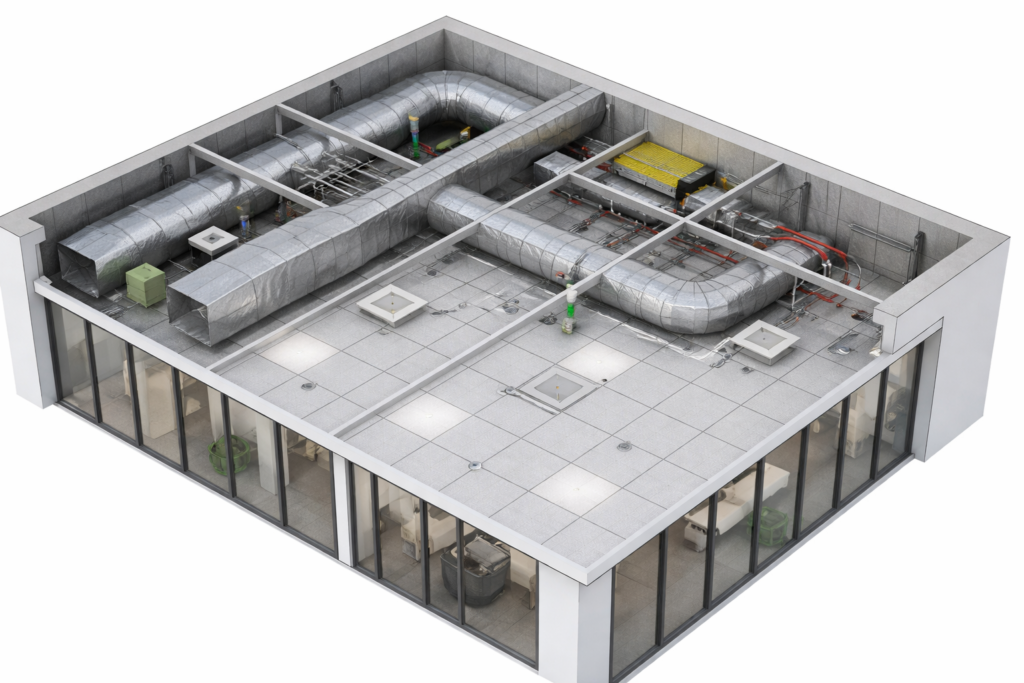 Cutaway 3D view of an office ceiling showing ceiling tiles, lights, and mechanical services