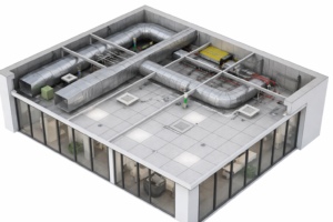 Cutaway 3D view of an office ceiling showing ceiling tiles, lights, and mechanical services
