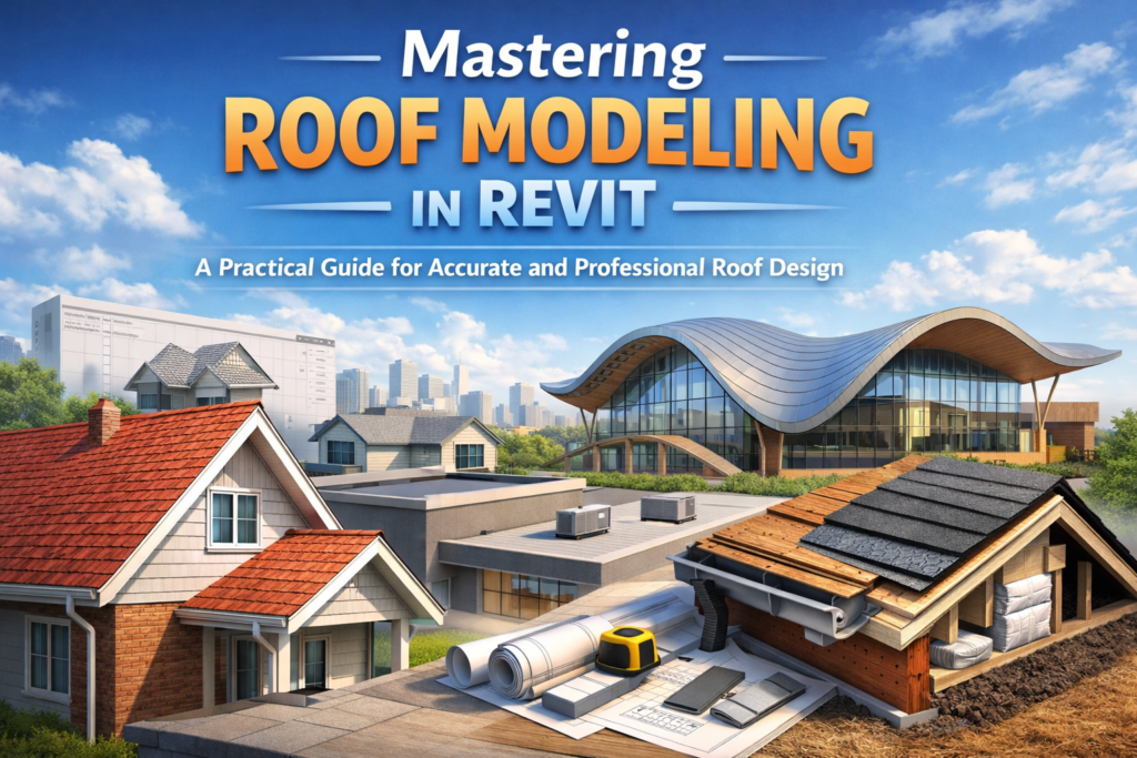 3D illustration showing different roof types in Revit, including gable, flat, and curved roofs, representing professional roof modeling and detailing.