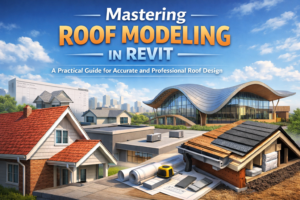 3D illustration showing different roof types in Revit, including gable, flat, and curved roofs, representing professional roof modeling and detailing.