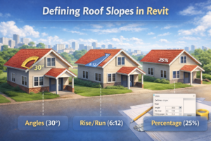 3D Revit roof modeling example comparing angle-based, rise-run, and percentage roof slope definitions.